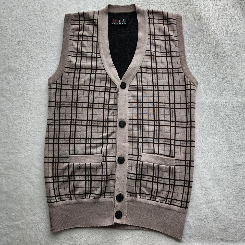 Vintage Plaid Sweater Vest Mens Small Tan Button Front Preppy 70s Knit Grandpa